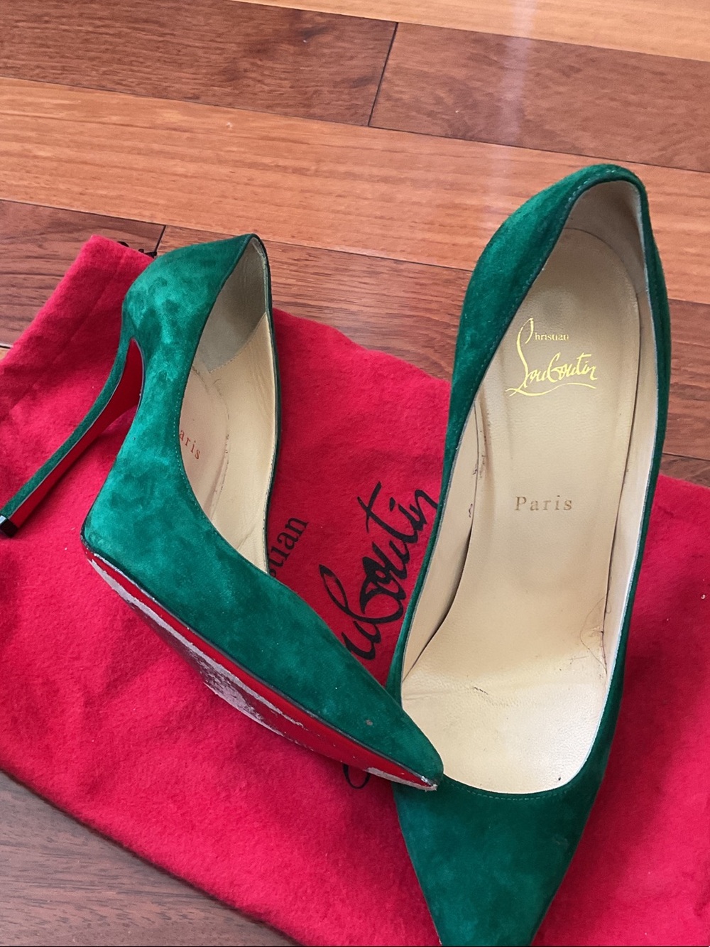 Christian Louboutin Emerald Green Suede Pointed-Toe Pumps
